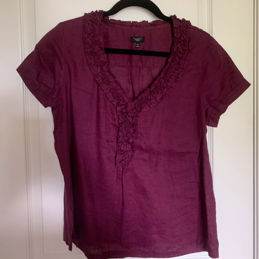 Talbots Linen top with ruffle detail NWOT